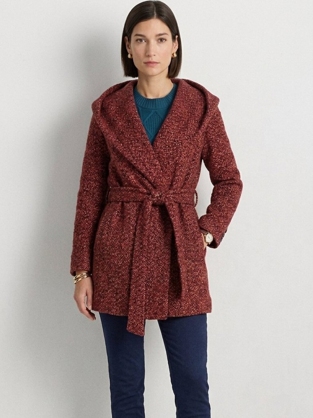 Mossimo Red Tweed Funnel Hood Wrap Coat - Picture 2 of 14